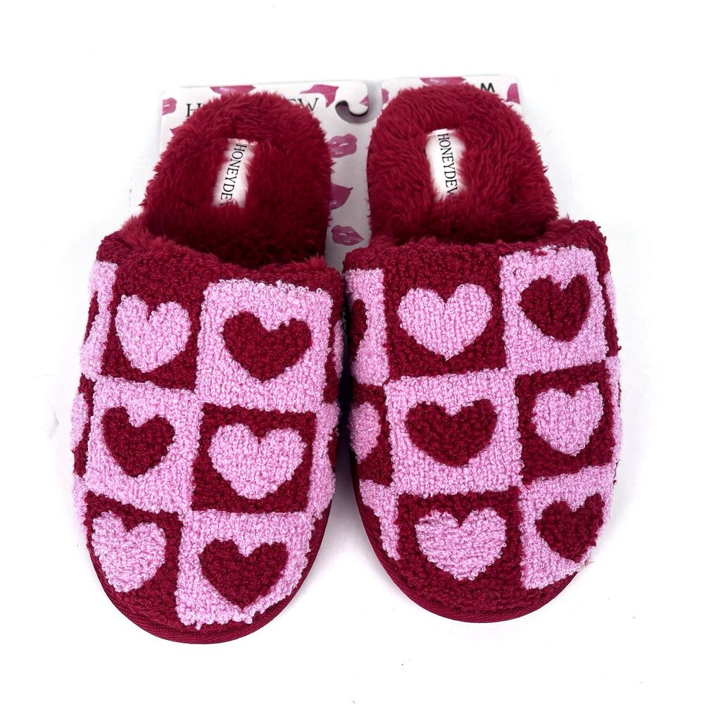 Honeydew Womens Slippers SZ 7-8 Heart Checkerboard Red Pink Fleece Slip on Retro